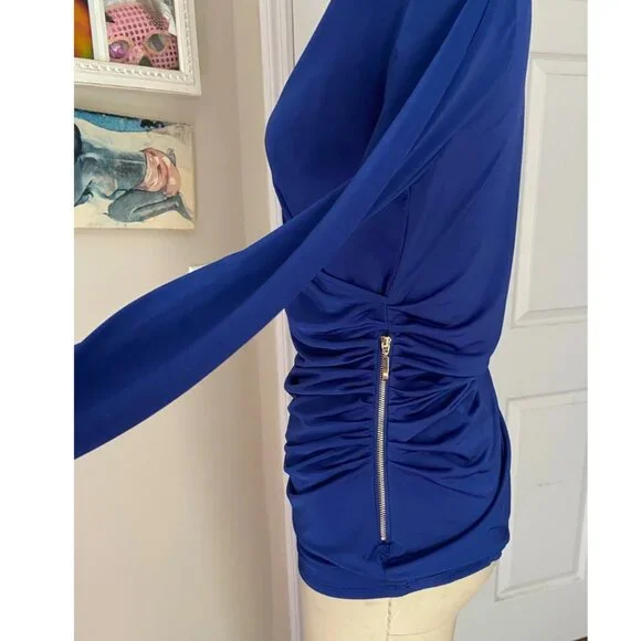 CARMEN Marc Valvo INDIGO Slinky Ruched Zip Side Mock Wrap Blouse Shirt *SMALL* - Picture 4 of 6